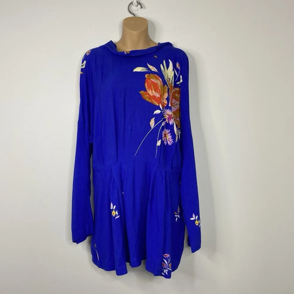 Free People Gemma Blue Floral Choker‎ Neck Cut Out Back Tunic Mini Dress Medium